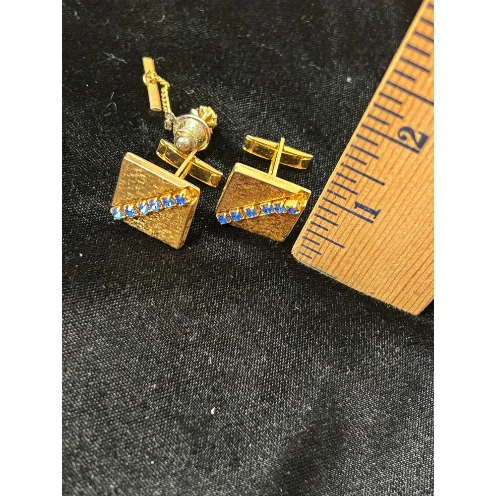 Vintage Gold Tone Textured Square Cufflinks and Tie Tack Set Blue Rhinestones